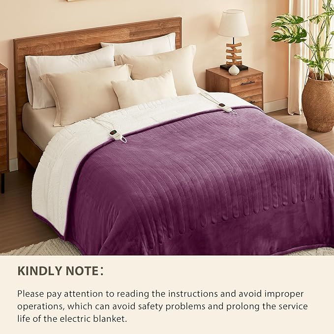 Homemate Electric Heated Blanket Queen - 84"x90" Heating Bed Blankets Throw with 10 Heating Levels 8 Hours Auto Off Fast Heating Over-Heated Protection Ultra Soft Warm Flannel ETL Certified Purple