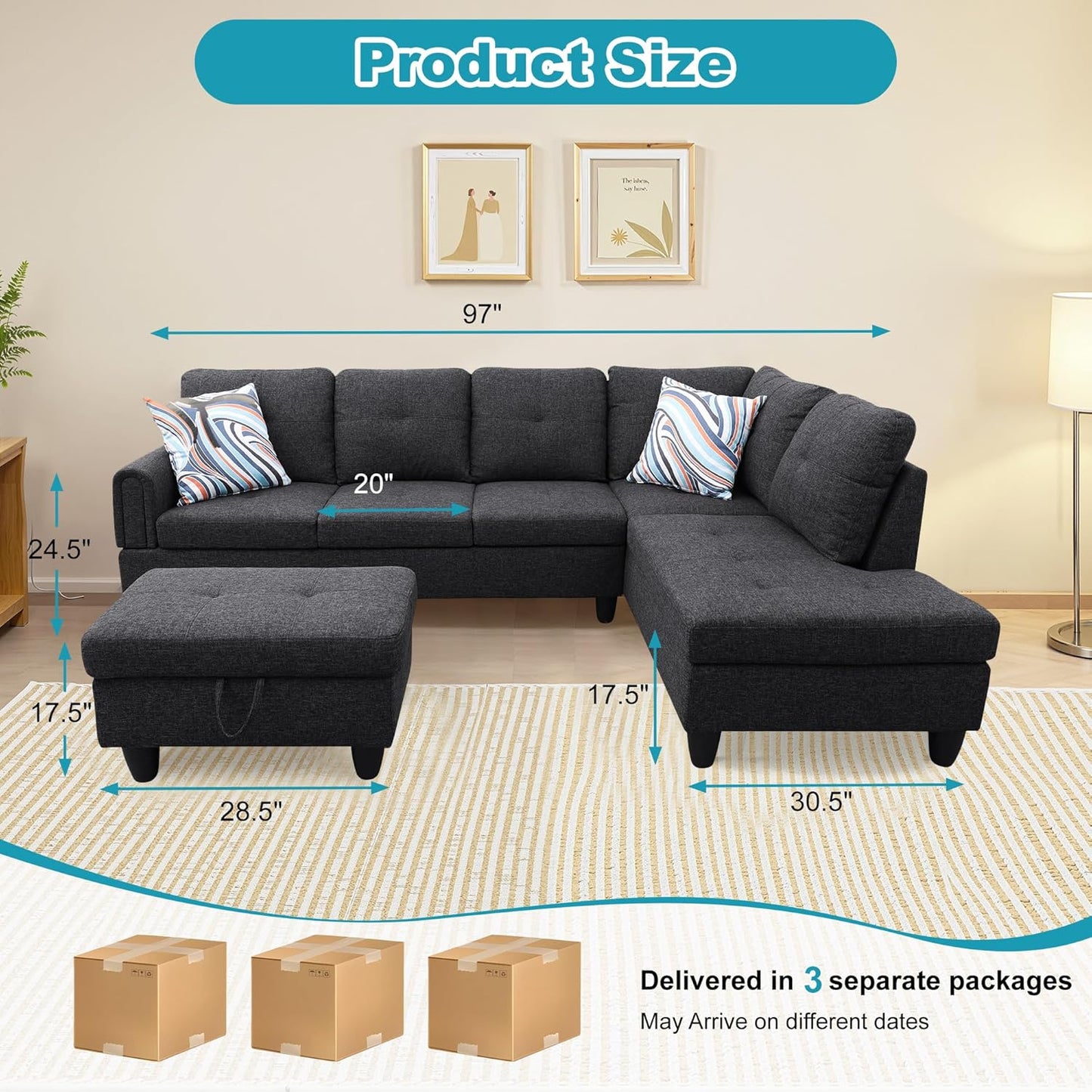Couches for Living Room Modern L Shaped Couch Comfy Linen Fabric 3 Pieces Sectional Sofa with Chaise, Ottoman with Storage for Office and Small Apartment, Dark Grey