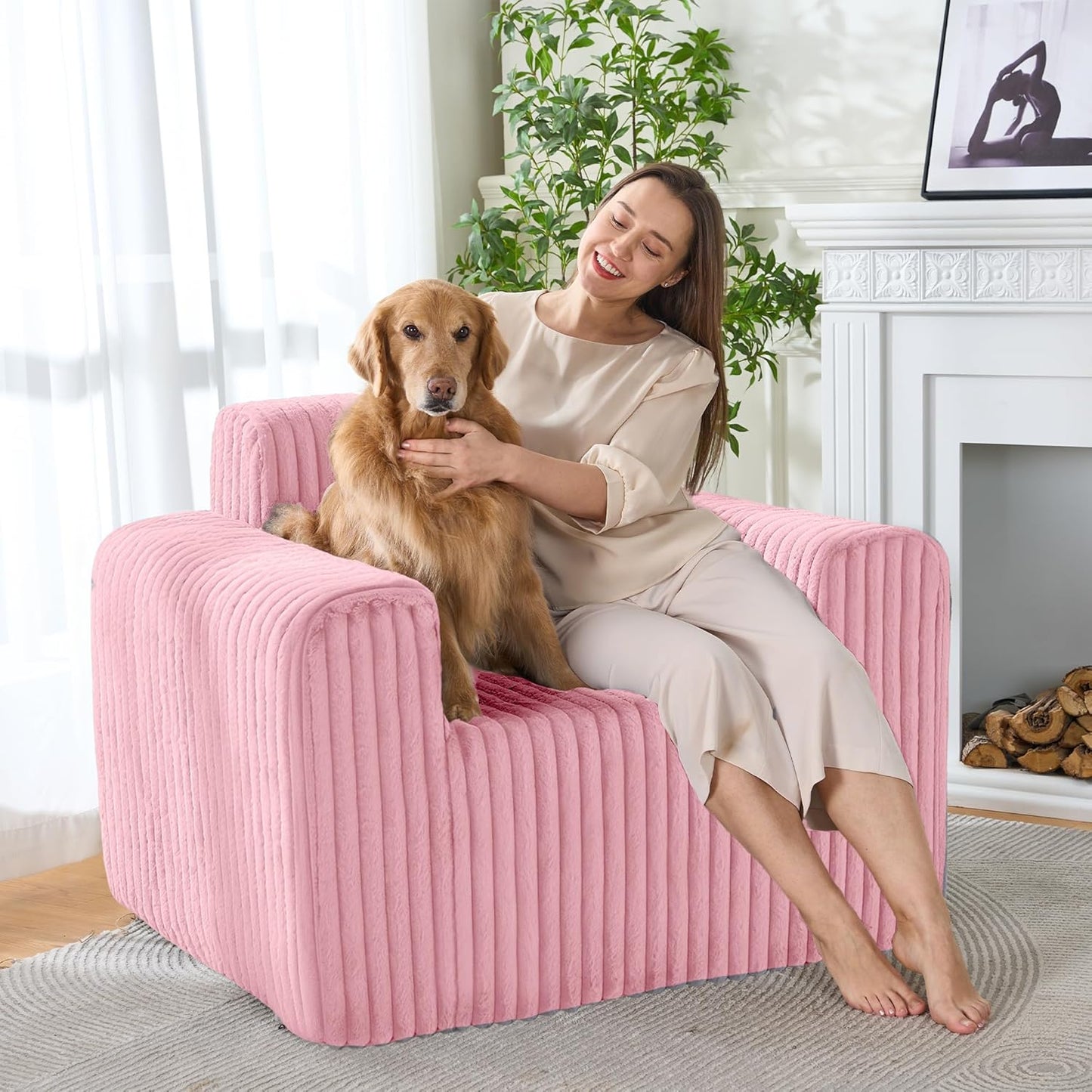 HABUTWAY Giant Bean Bag Chairs for Adults with Armrests, High Backrest Bean Bag Lounge Lazy Sofa with Durable Elastic Foam Filling & Comfy Fabric, Single Couch for Bedroom/Dorm/Living Room(Pink)