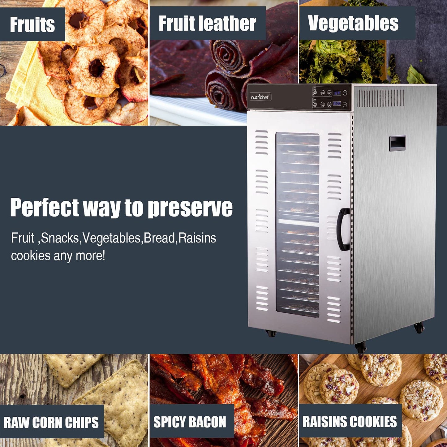 Nutrichef Commercial Electric Food Dehydrator Machine | 20 Shelf Extra Large Capacity - Stainless Steel Trays | 2000-Watts, Digi