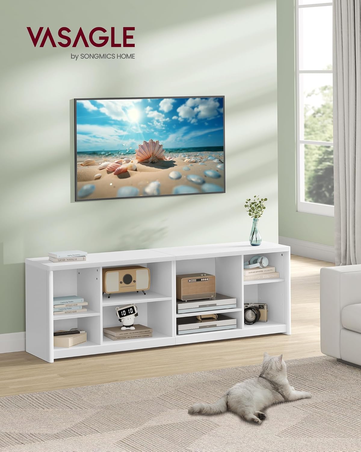 VASAGLE TV Stand for TVs up to 75 Inches, Entertainment Center with Storage Shelves, TV Console Table, Easy to Assemble, TV Cabinet for Living Room, Bedroom, Cloud White ULTV112W01