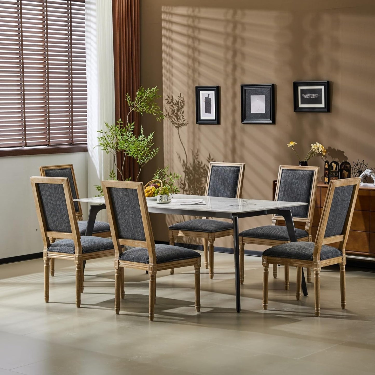 Merax Upholstered Solid Wood Dining Chairs Set of 6, French Country Style Accent Side Seating Furniture for Kitchen, Living Room, Cushioned Back, Blue Gray