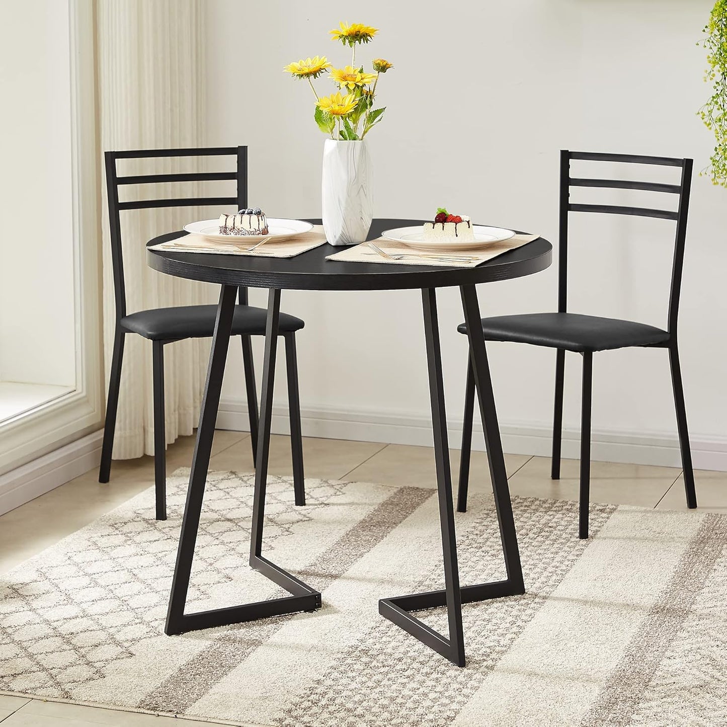 VECELO Round Dining Room Table with Wood Grain Tabletop and Steel Frame, for Kitchen, Living Room, Office, Conference, 2 to 4 Person, Black