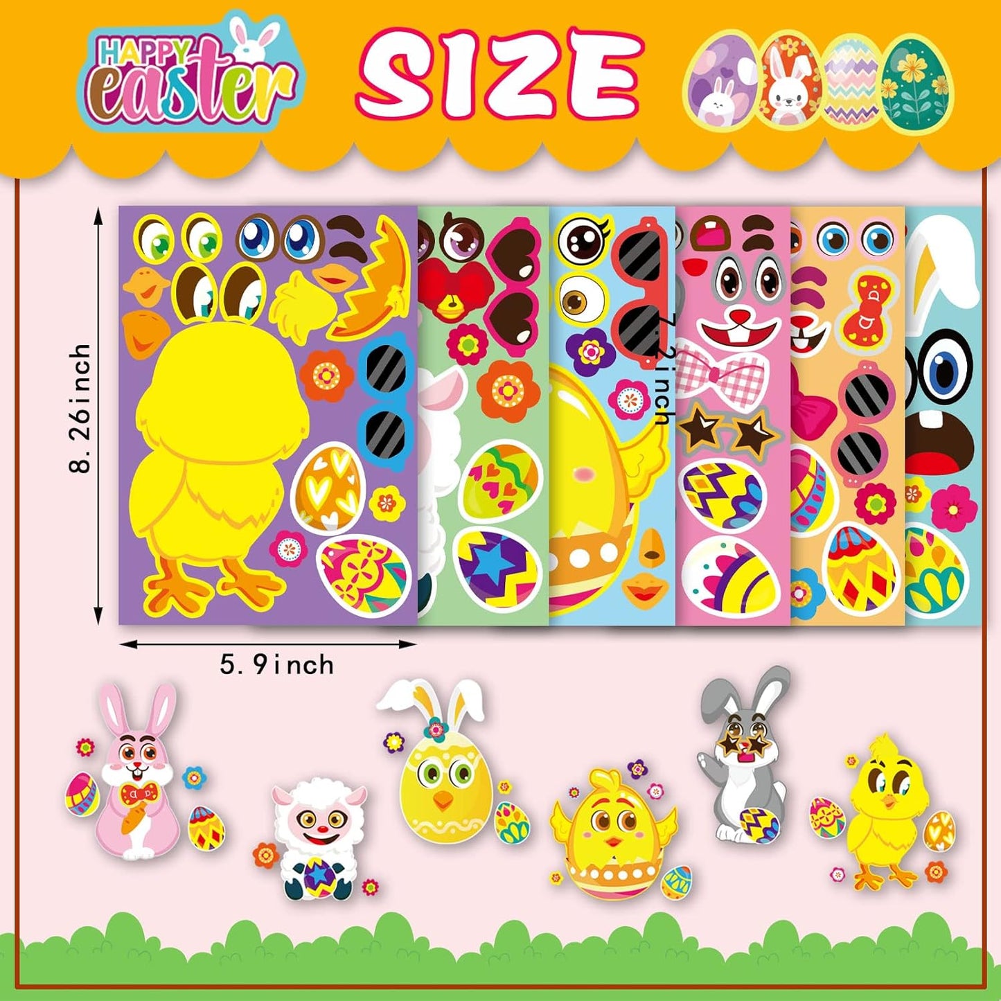 36 Sheet Easter Stickers for Kids,Easter Basket Stuffers,Make a Face Sticker, Make Your Own Animal Stickers,Party Favor Supplies Crafts