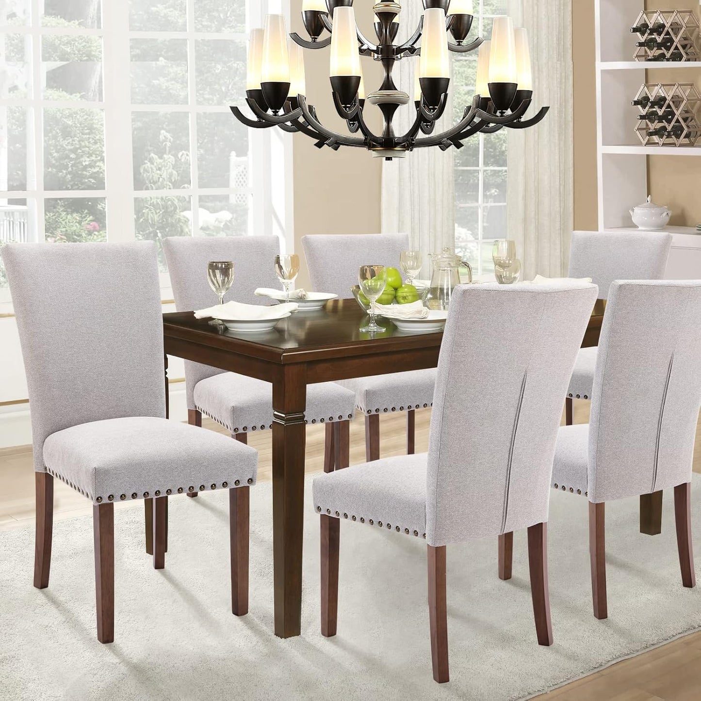 Parsons Dining Chairs Set of 6, Upholstered Nailhead Dining Room Kitchen Side Chair with Thick Cushions and Wood Legs, Light Grey