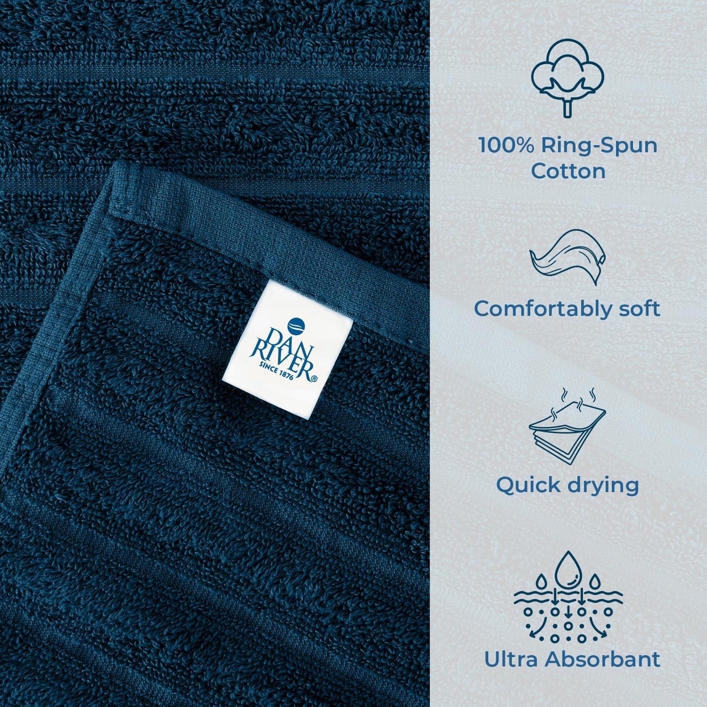 DAN RIVER Pack of 2 Bath Sheet 35x70 Inches, Big Towels Oversized Extra Ribbed Large Bath Sheets, Absorbent Quick Dry Towels - Blue Opal