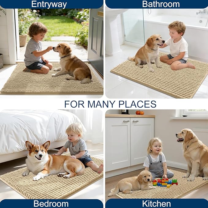 OLANLY Dog Door Mat for Muddy Paws 40x32, Ultra Absorbent Chenille Mud Doormat, Non-Slip Washable and Dirt Trapping Doormat for Indoor Entryway, Quick-Dry Indoor Pet Bed Mats for Dogs, Beige