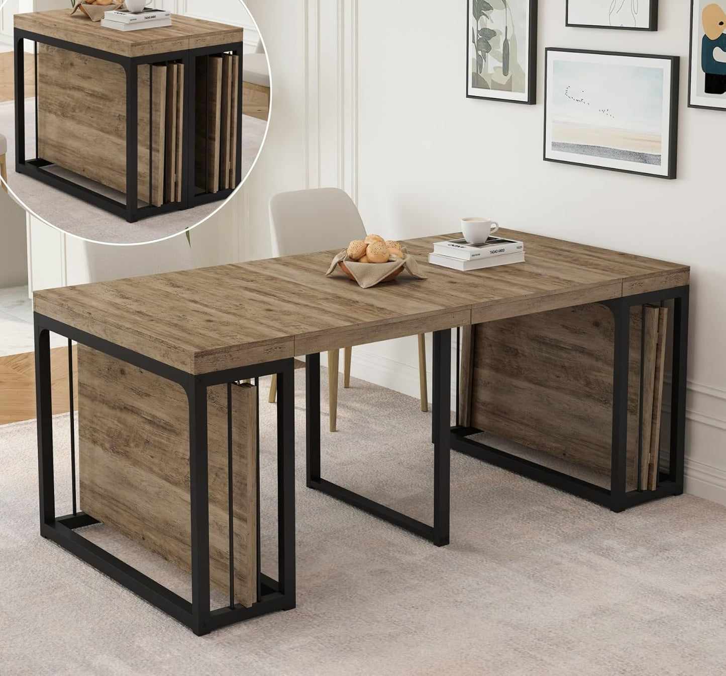 KEIKI 23.62" - 118" L Extendable Foldable Dining Room Table for 2-10 People, Wood Modern Rustic Rectangle Expandable Kitchen Living Meeting Room Furniture, 5 Tabletop Length Options