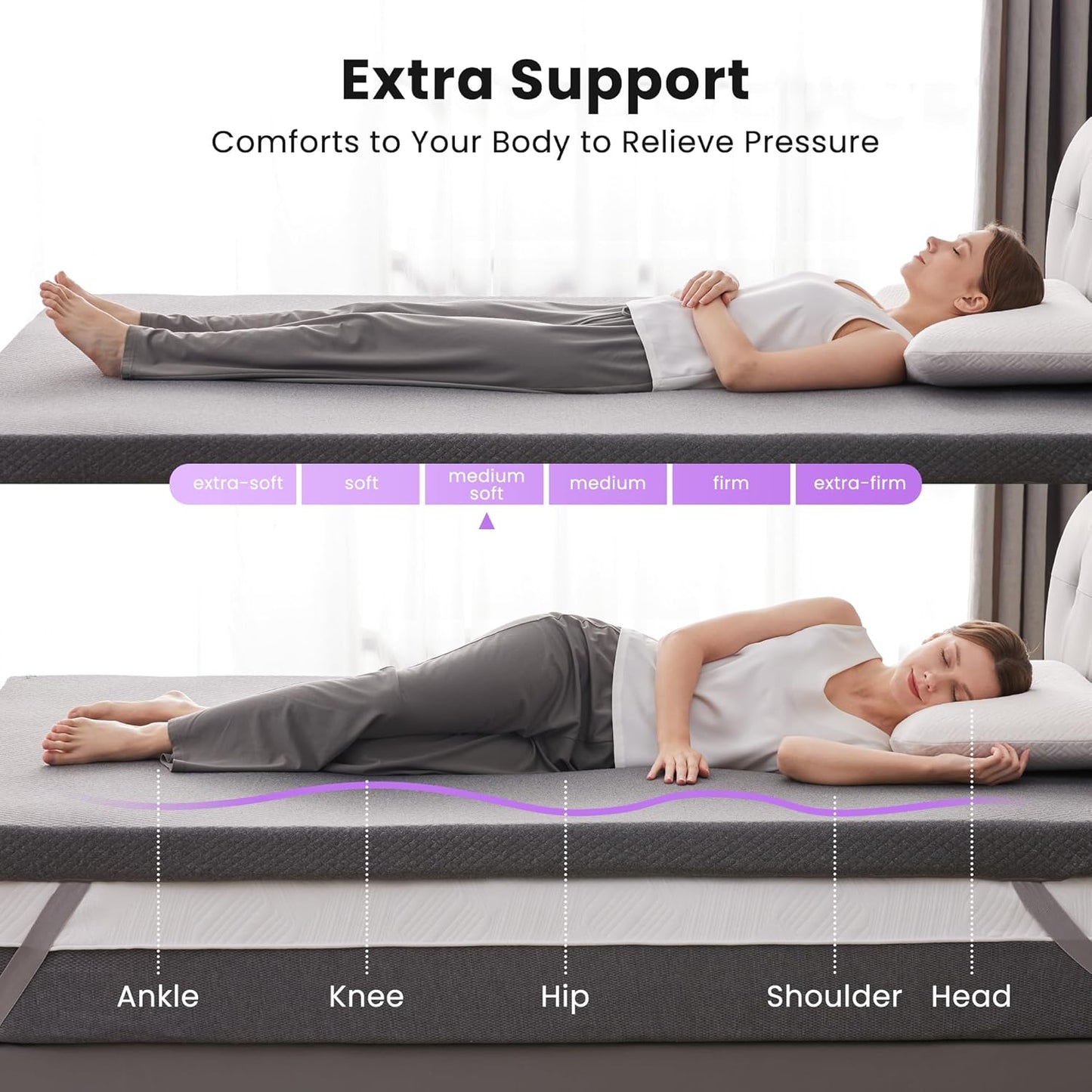 SINWEEK 3 Inch Gel Memory Foam Mattress Topper King Size, Pad for Back Pain, Bed Topper with Removable Soft Cover, CertiPUR-US Certified,Grey
