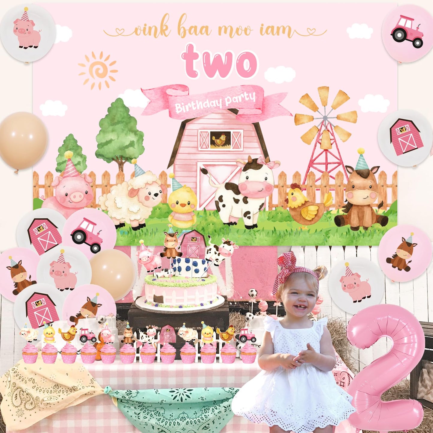 Farm 2nd Birthday Decorations for Girl - Oink Baa Moo Im Two Backdrop, Banner, Farm Animal Cake Topper, Cupcake Toppers, Balloons, Pink Farm Moo Moo I Am Two Barnyard Birthday Party Supplies