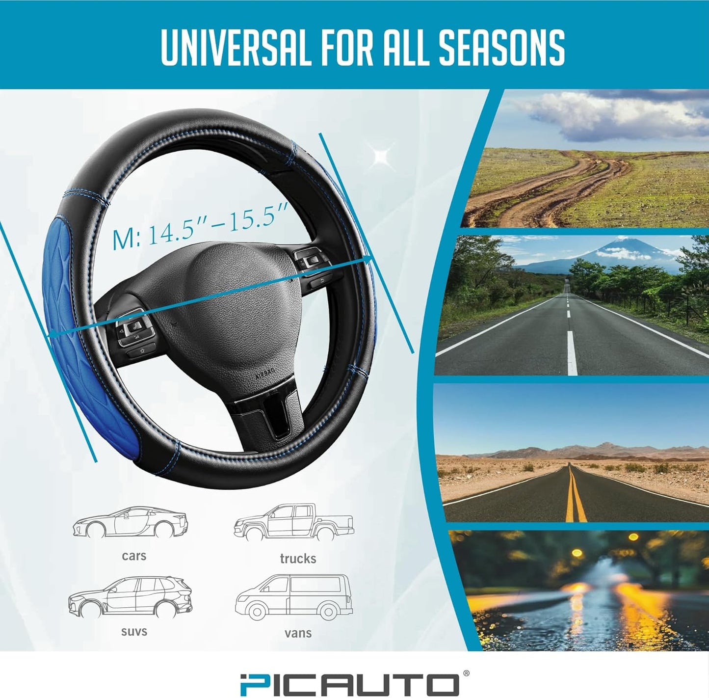 PIC AUTO Steering Wheel Cover, Blue Thick Rhombic Foam and Premium Leather, Universal 14.5-15.5 Inch Breathable Anti-Slip Steering Wheels Accessories for Men & Women