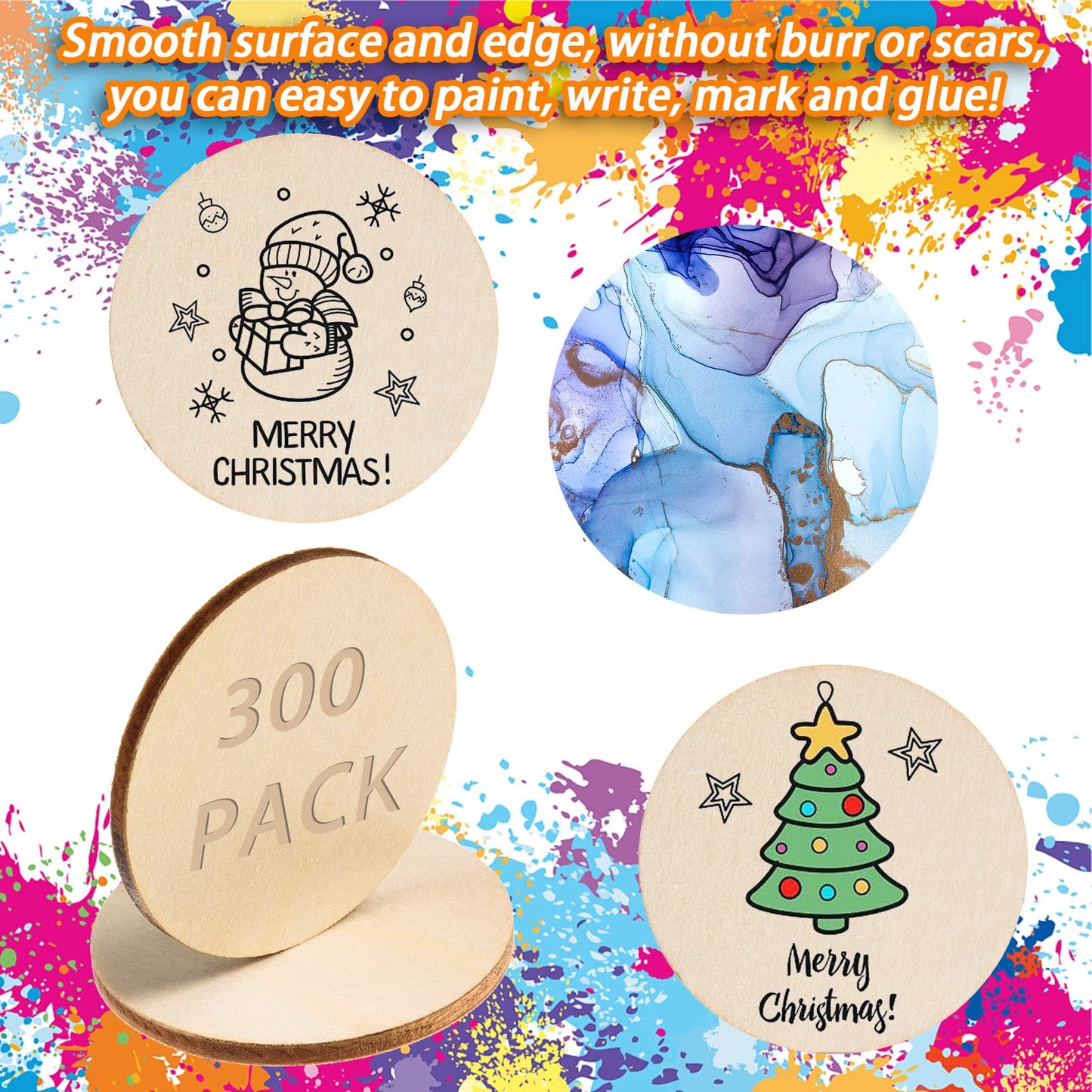 300 Pieces 1.5 Inch Unfinished Round Wood Slices Round Wooden Discs Wood Circles for Crafts Wood Blanks Rounds Cutouts Ornaments Slices for DIY Art Crafts Christmas Decorations