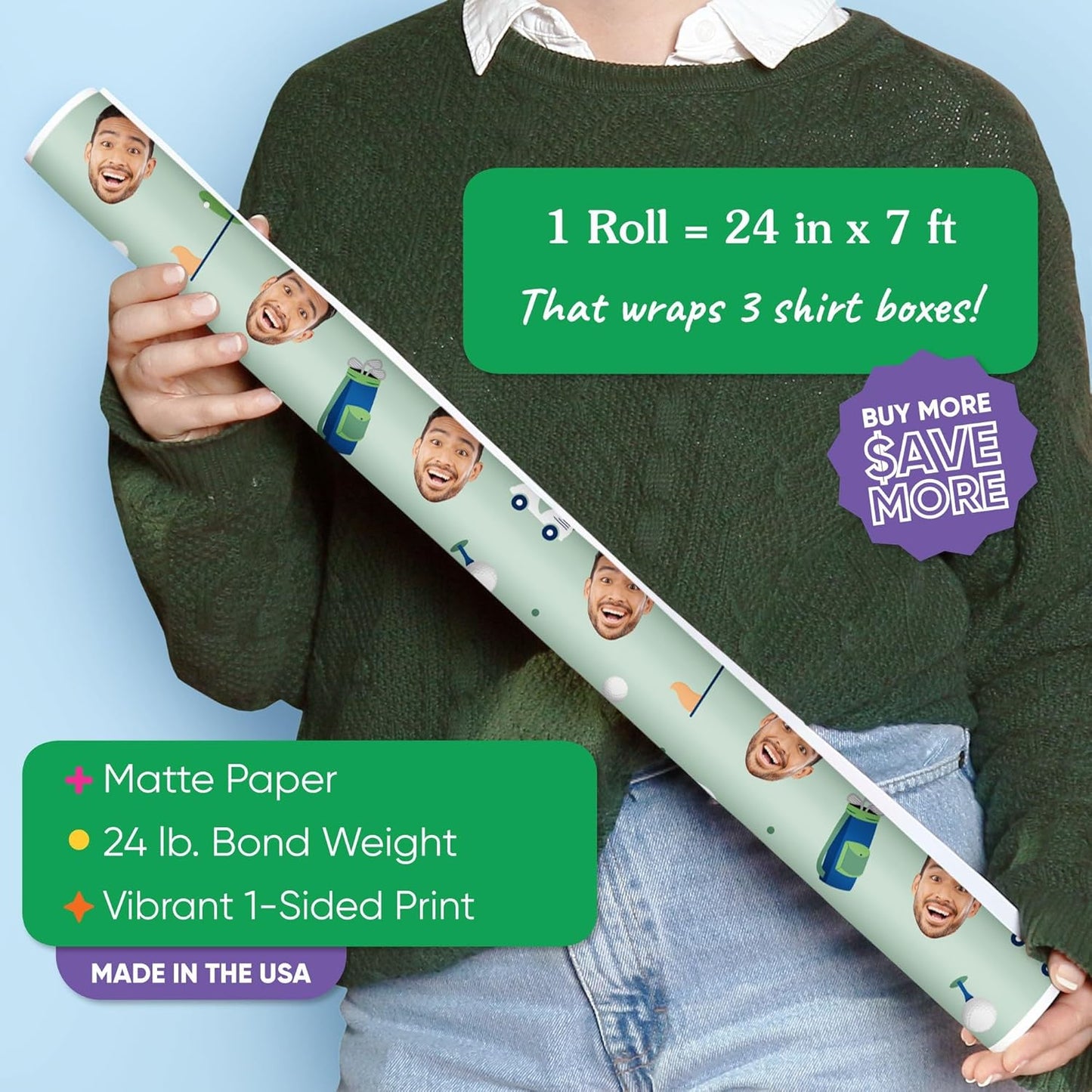 Big Dot of Happiness Custom Photo Golf Wrapping Paper Roll, Sports-Themed Retirement or Birthday Party Decor, Personalized Fun Face Golf Gift Wrap, 24 in x 7 feet, 2 Rolls