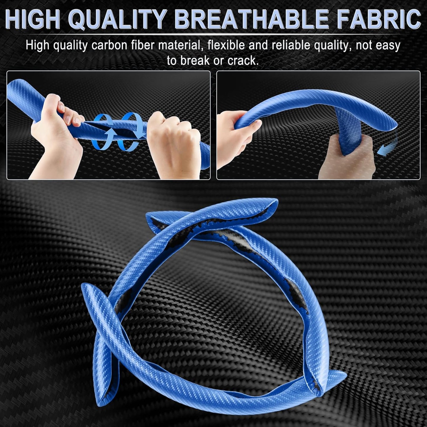 Amiss 3pcs Carbon Fiber Anti-Skid Steering Wheel Cover, Segmented & Butterfly Design, Universal 99% Car Wheel Cover Protector, Blue