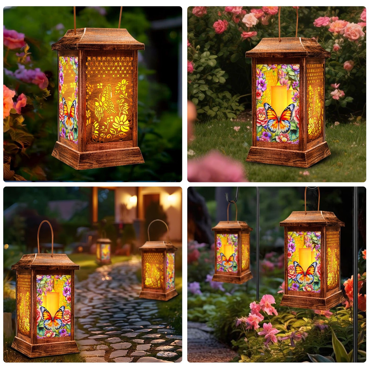 Butterfly Solar Lanterns Outdoor Waterproof, Metal & Glass Hanging Lights Garden Decor, Birthday Gifts for Women Mom Grandma Mothers Day, Decorative Lights for Outside Yard Patio Backyard Porch