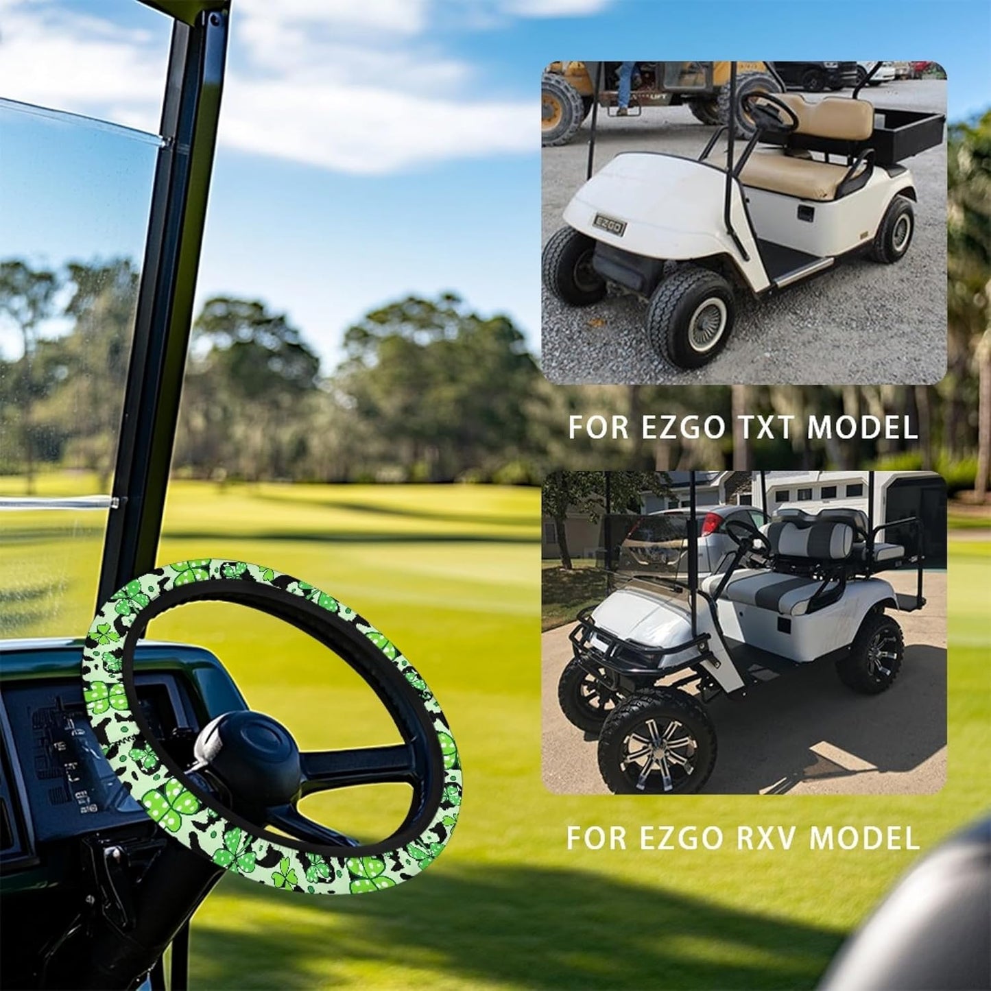 St. Patrick's Day Green Leaves Golf Cart Steering Wheel Cover, Polyester, 13-14 Inch, Universal Fit, Boat & Golf Cart