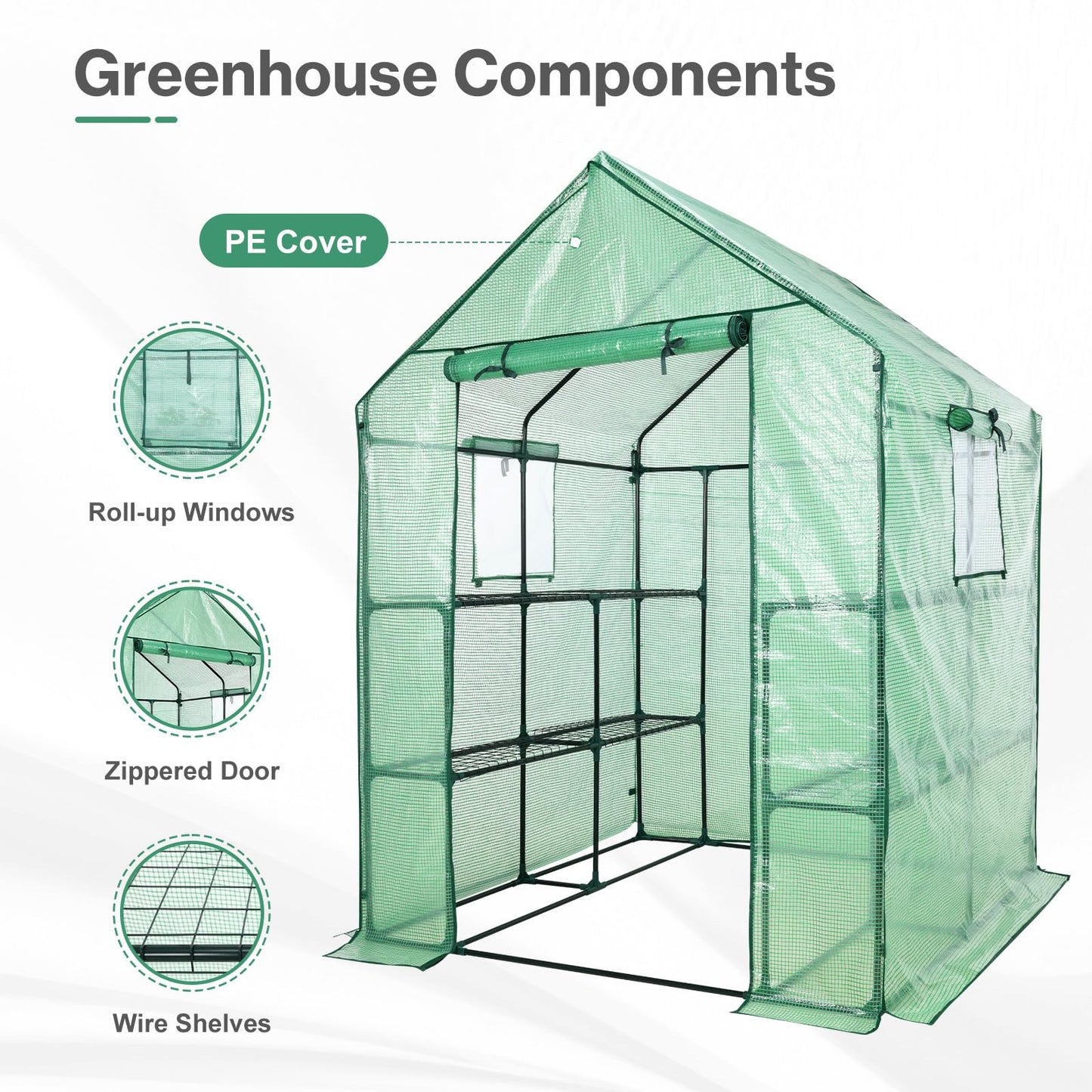 Aoodor Walk-in Greenhouse with 8 Shelves, 4.7 × 4.7 × 6.4 ft Outdoor Garden Plant House with PE Cover for Growing Vegetables, Flowers, Herbs