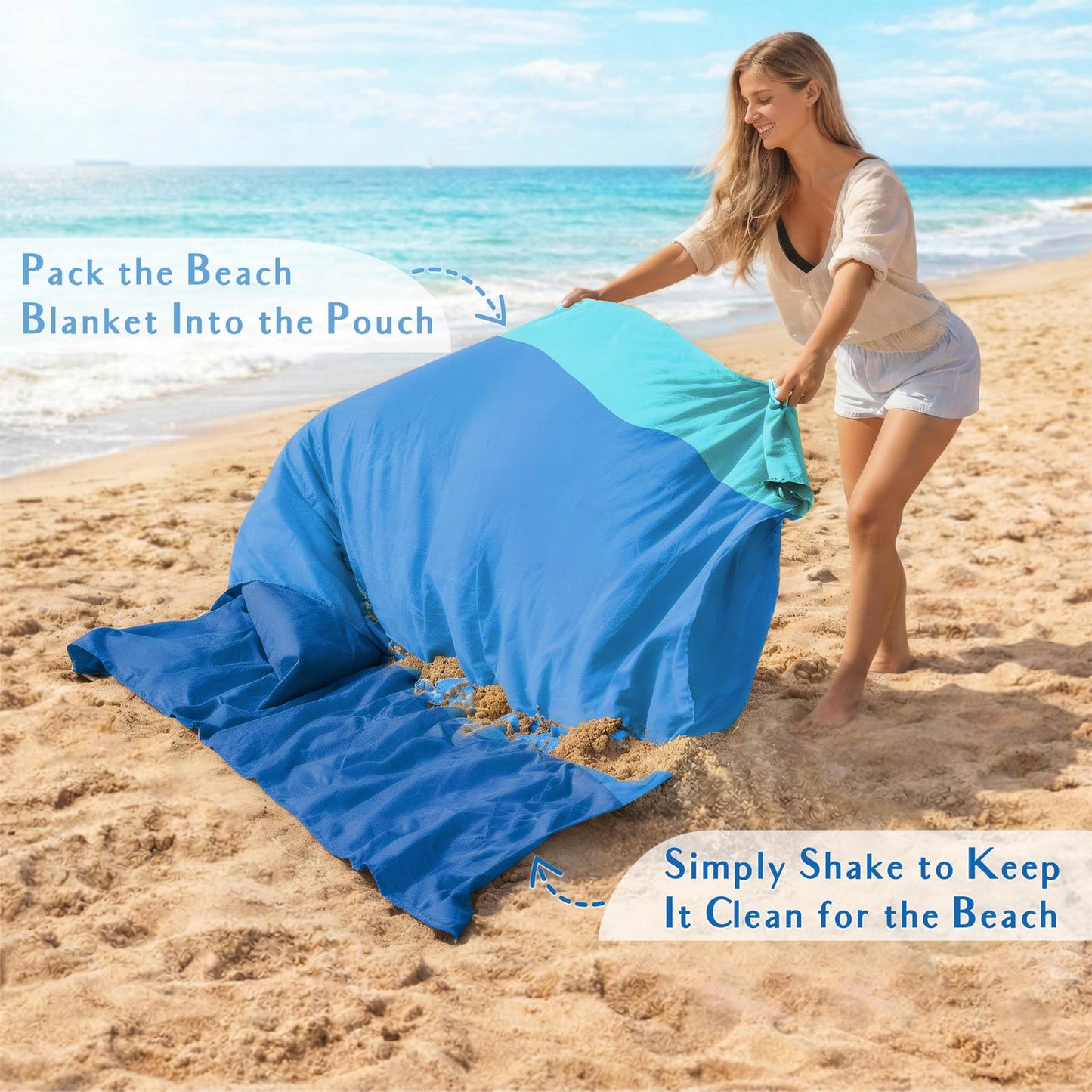 AlphaBeing Beach Blanket Waterproof Sandproof, Extra Large Beach Mat for 1–8 Adults, Oversized Picnic Blanket with 4 Stakes & Storage Bag, Essential Beach Gear for Travel (ThreeBlue, 120“×108”)