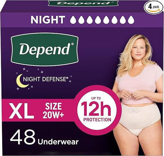 Depend Night Defense Adult Diapers, Incontinence & Postpartum Bladder Leak Underwear for Women, Disposable, Overnight, Extra-Large, Blush, 48 Count (4 Packs of 12), Packaging May Vary