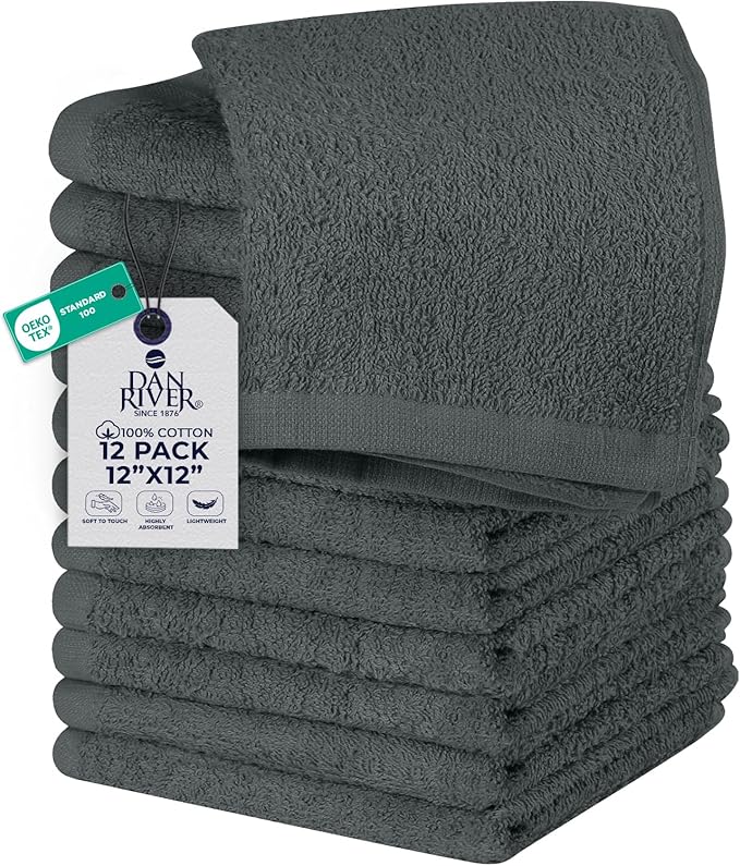 DAN RIVER 12 Pack Wash Cloths for Showering [12x12] - 100% Cotton Washcloths Premium Quality Flannel Face Cloths for Bathroom, Highly Absorbent and Soft Feel Wash Clothes, Grey