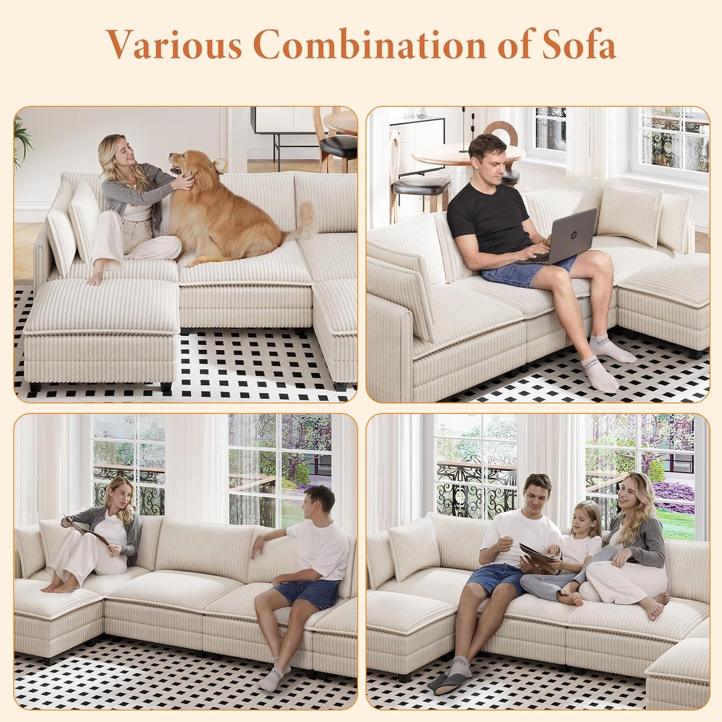 Vesgantti 109" U Shaped Cloud Sectional Sofa, Comfy Corduroy Upholstered Sectional Modular Sofas for Living Room, Modern Modular Couch with 2 Ottoman Deep Seat, Beige