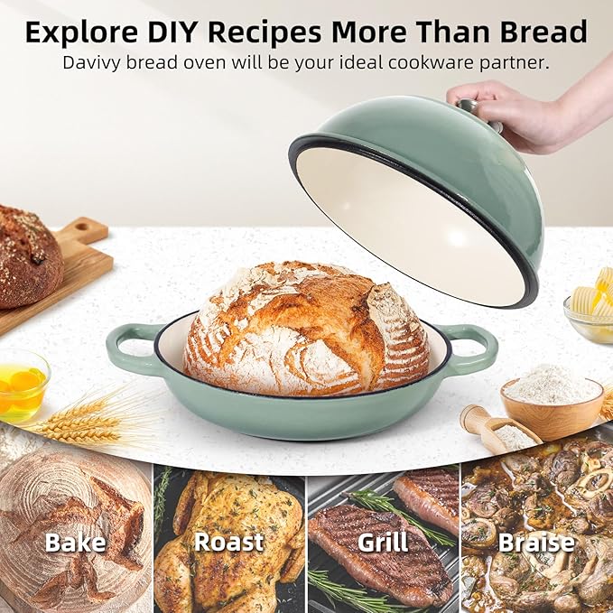 Davivy 5.5QT Sourdough Dutch Oven with Domed Lid, 10" Round Bread Dutch Oven, Enameled Cast Iron Bread Oven, Bread Oven for Sourdough - Sea Salt Green