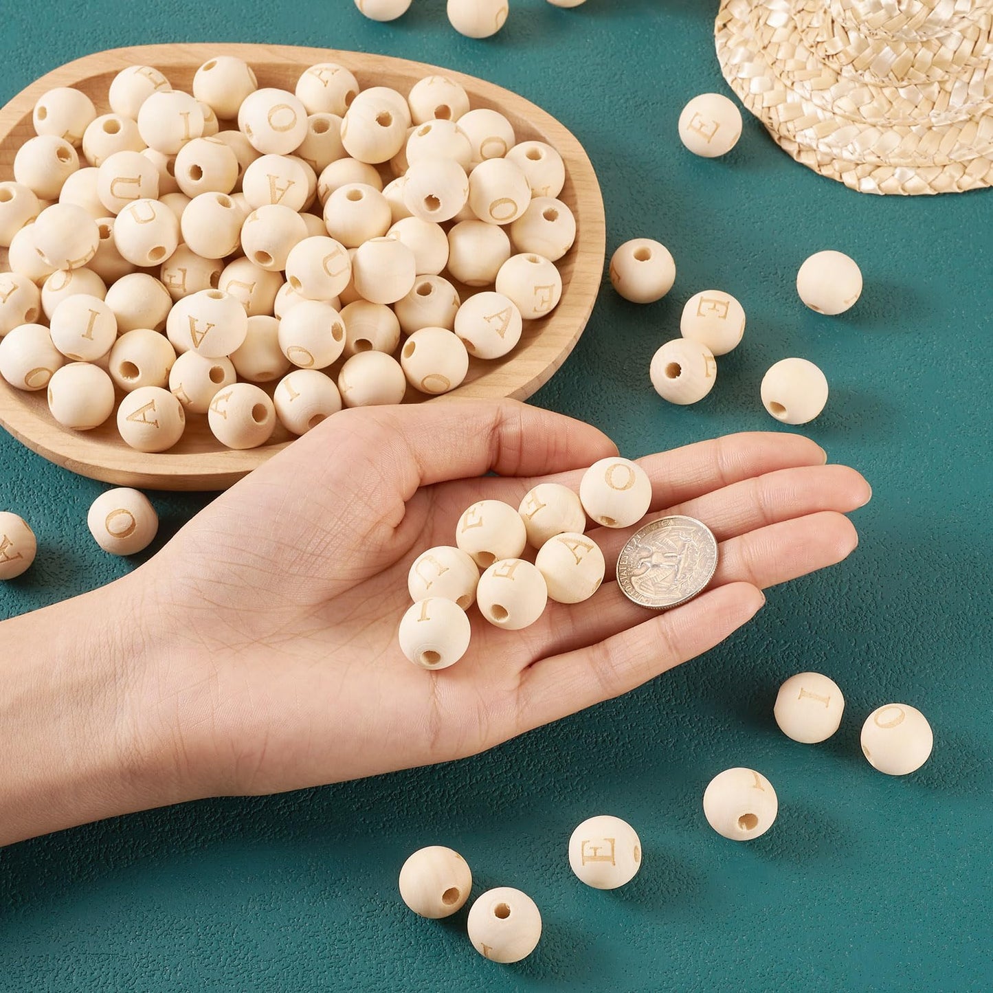 100 Pcs Letter Round Natural Wood Beads 16 mm Wood Letter Beads Unfinished Wooden European Large Hole Beads Garland Macrame Loose Spacer Beads for DIY Craft Bracelet Jewelry Making