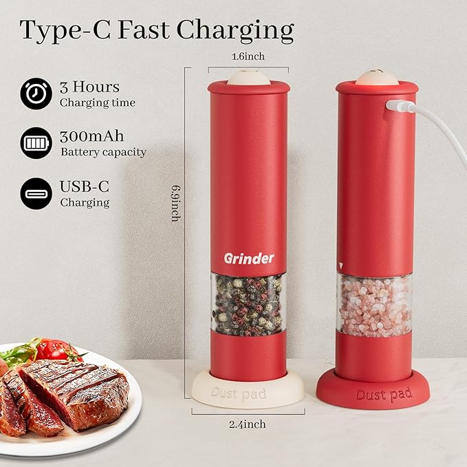 Christmas Gift/Deal Electric Salt and Pepper Grinder Set, USB Rechargeable Adjustable Coarseness Automatic Salt Pepper Mill Shakers/Grinder Kitchen Spice Mill, Home Chefs Idea for House Warming