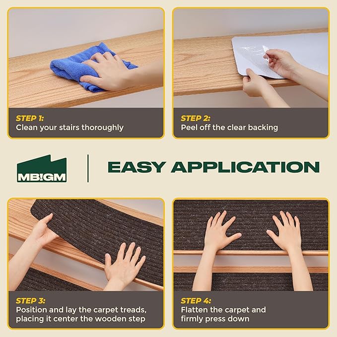 MBIGM 8" X 30" (15 in Pack) Nonslip Carpet Stair Treads Non-Skid Safety Rug Slip Resistant Indoor Runner for Kids Elders & Pets with Reusable Adhesive - Brown - Non Slip Stair Treads Indoor