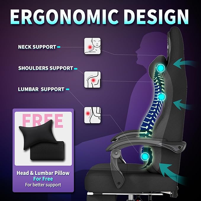 Gaming Chair, Big and Tall Gaming Chairs for Adults with Footrest and Lumbar Support, Comfortable Ergonomic Fabric Computer Chair 400 lbs, 360° Swivel, Height Adjustable Video Gamer Chair, Silla Gamer