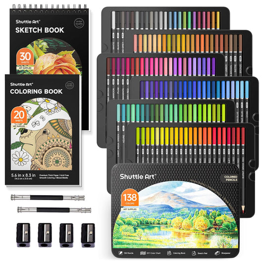 Shuttle Art 138 Colored Pencils for Adults, Soft Core Coloring Pencils Set with 1 Coloring Book,1 Sketch Pad, 4 Sharpener, 2 Pencil Extender, Perfect for Artists Kids Adults, Drawing