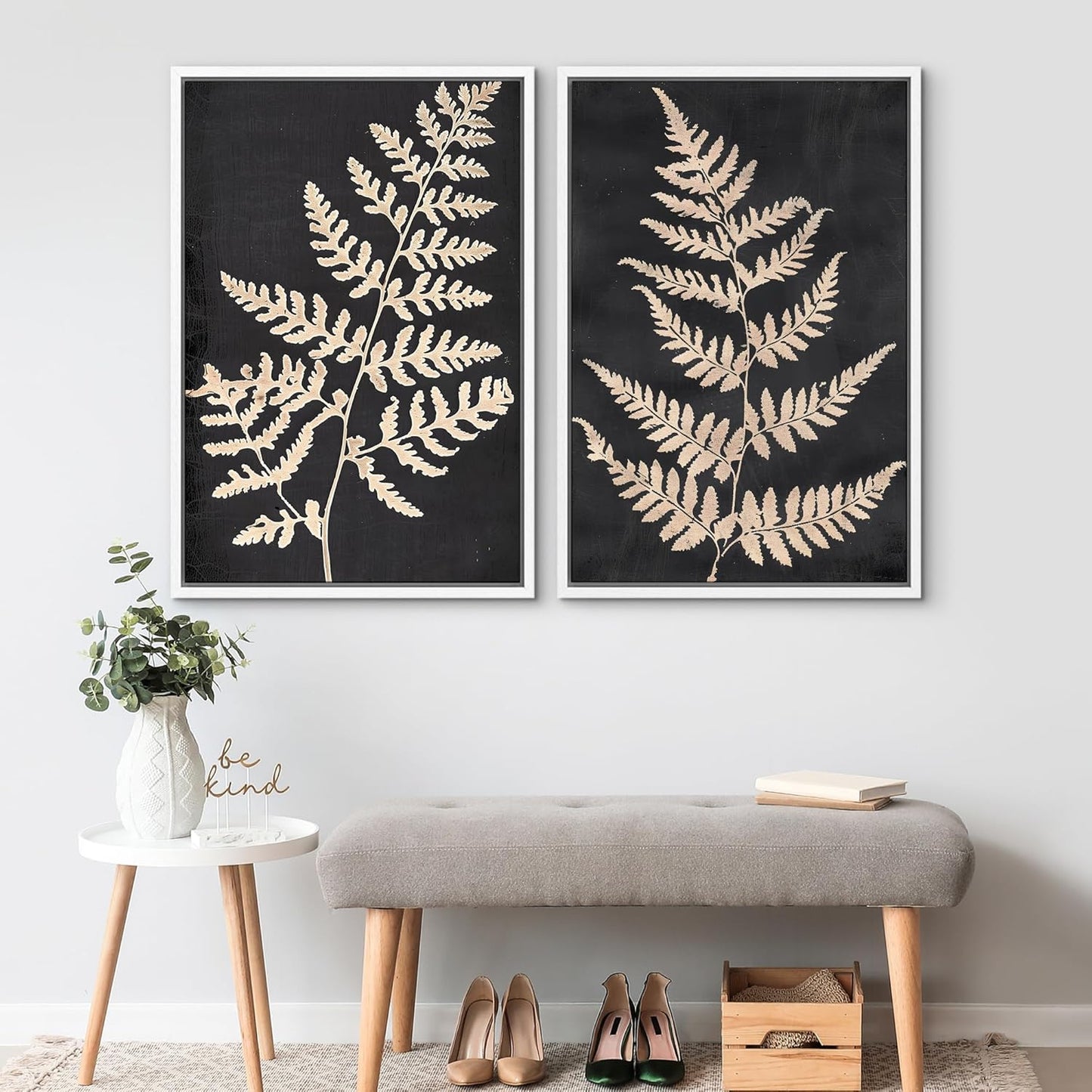 SIGNWIN Framed Canvas Print Wall Art Vintage Fern Leaf Silhouettes Natural Botanical Rustic Illustrations Modern Art Decorative Contemporary for Living Room, Bedroom, Office - 24"x36"x2 White