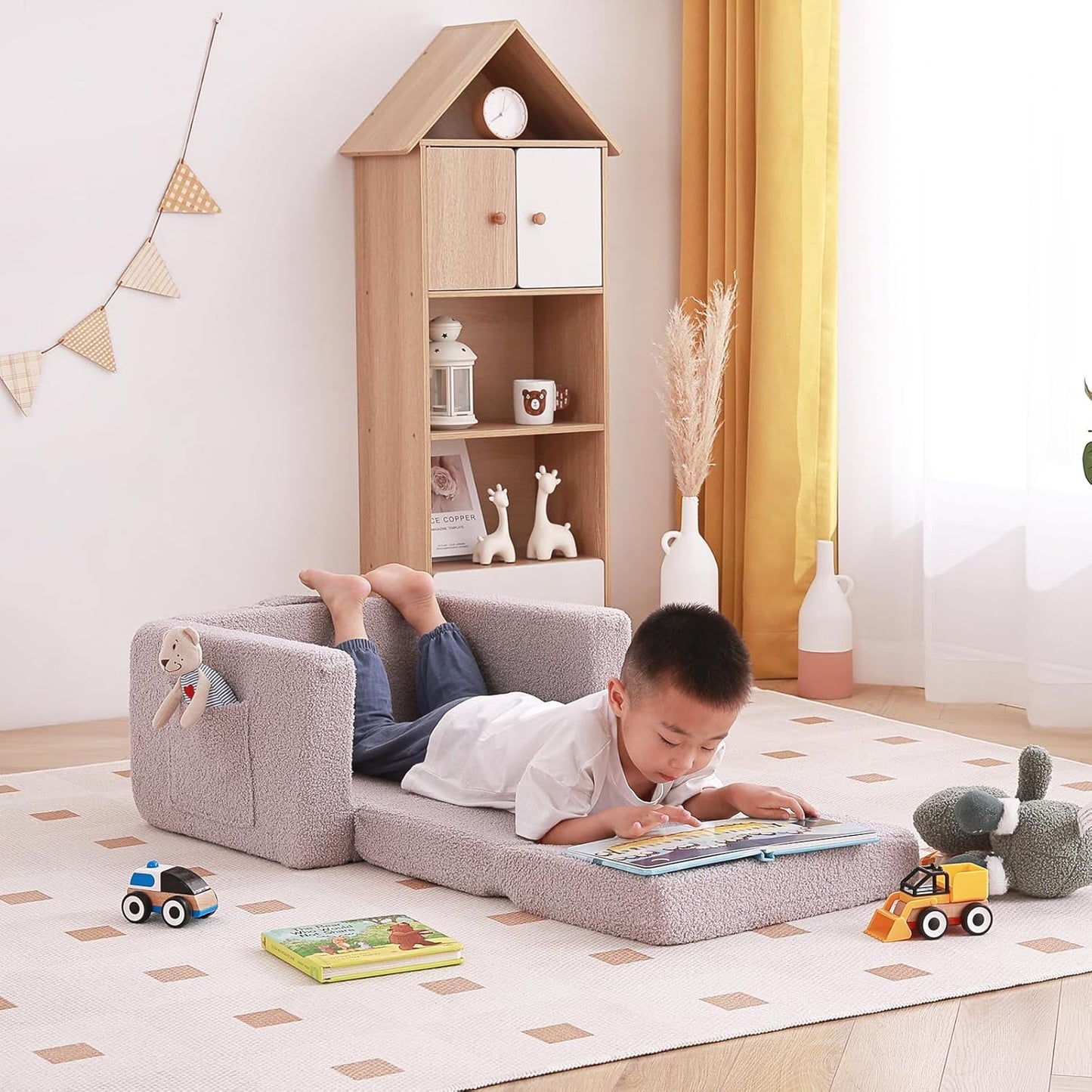 Tiita Kids Sofa, 2-in-1 Todder Couch, Convertible Children Couch to Lounger, Flip Out Kids Sofa Chair, Toddler Armrest Chair Bed, Folding Kids Play Sofa for Girl or Boy (Grey)