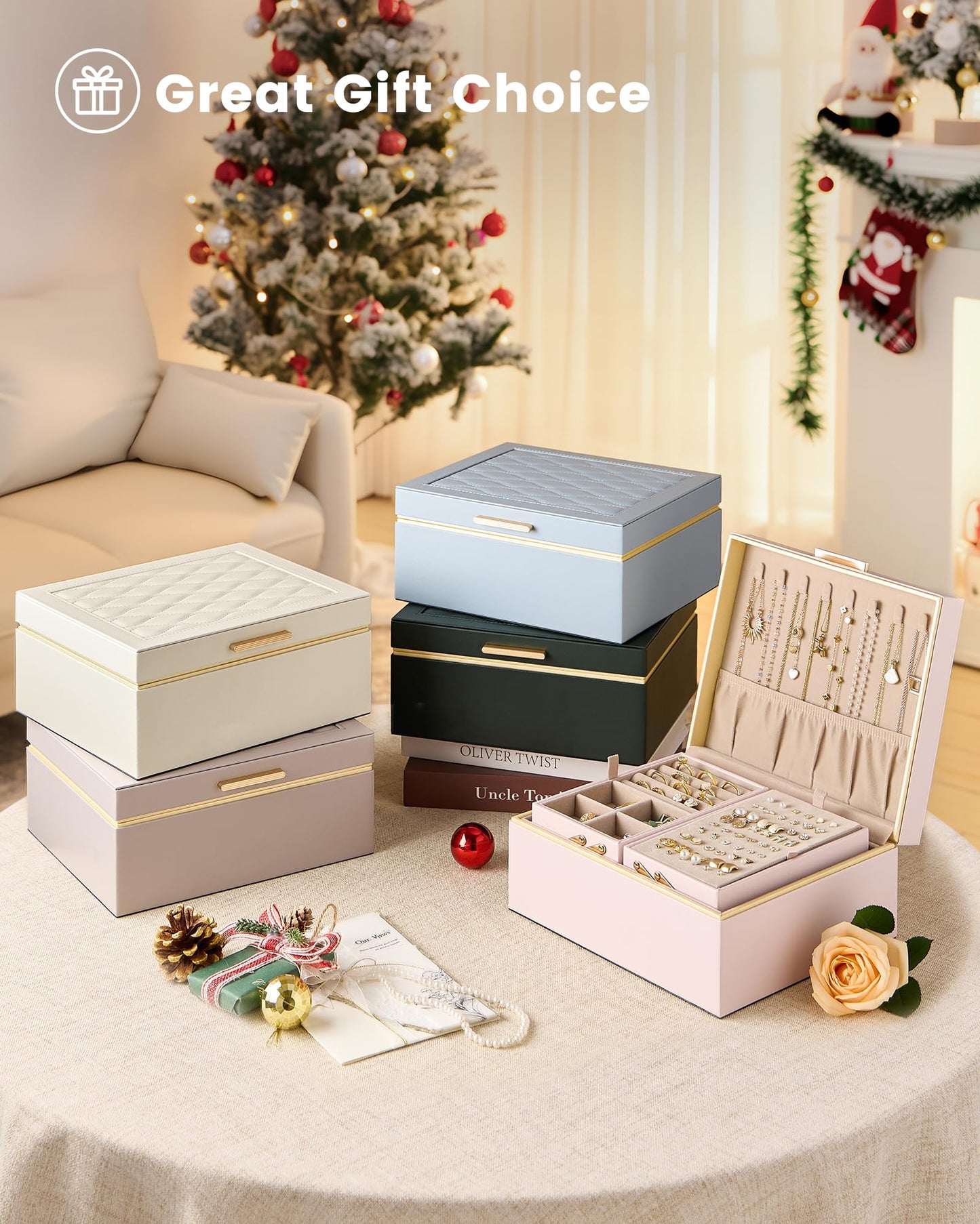 Lolalet Jewelry Box Organizer for Women Girls, 2 Layer Jewelry Organizers and Storage for Necklace Earrings Rings Bracelets, Large Jewellery Holder Case Birthday Gifts -Cream