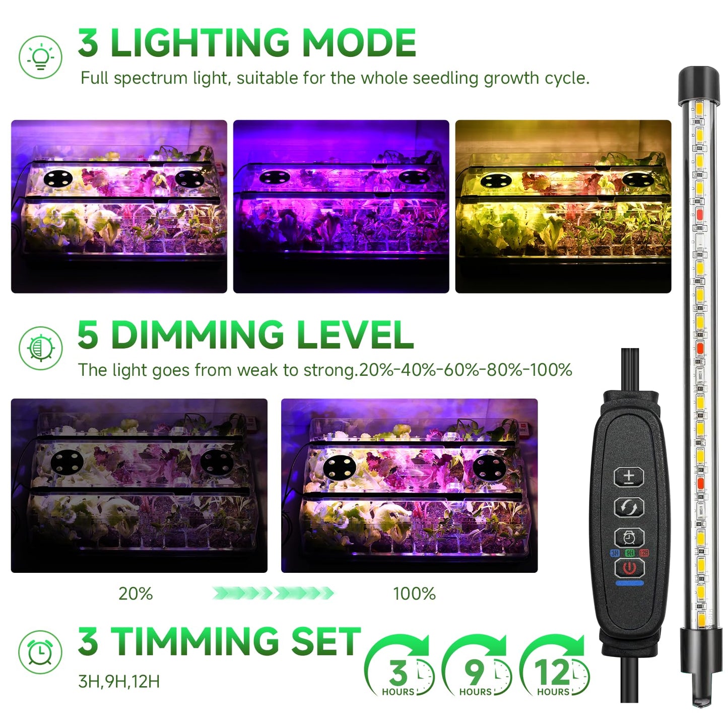 Adawook Large Seed Starter Tray with Grow Light and Thermostat Controller Heat Mat, 10"x 20.75" Heat Mats for Plant Growing，68-113°F Adjustable，Color Change Grow Lights，Germination Trays Kits