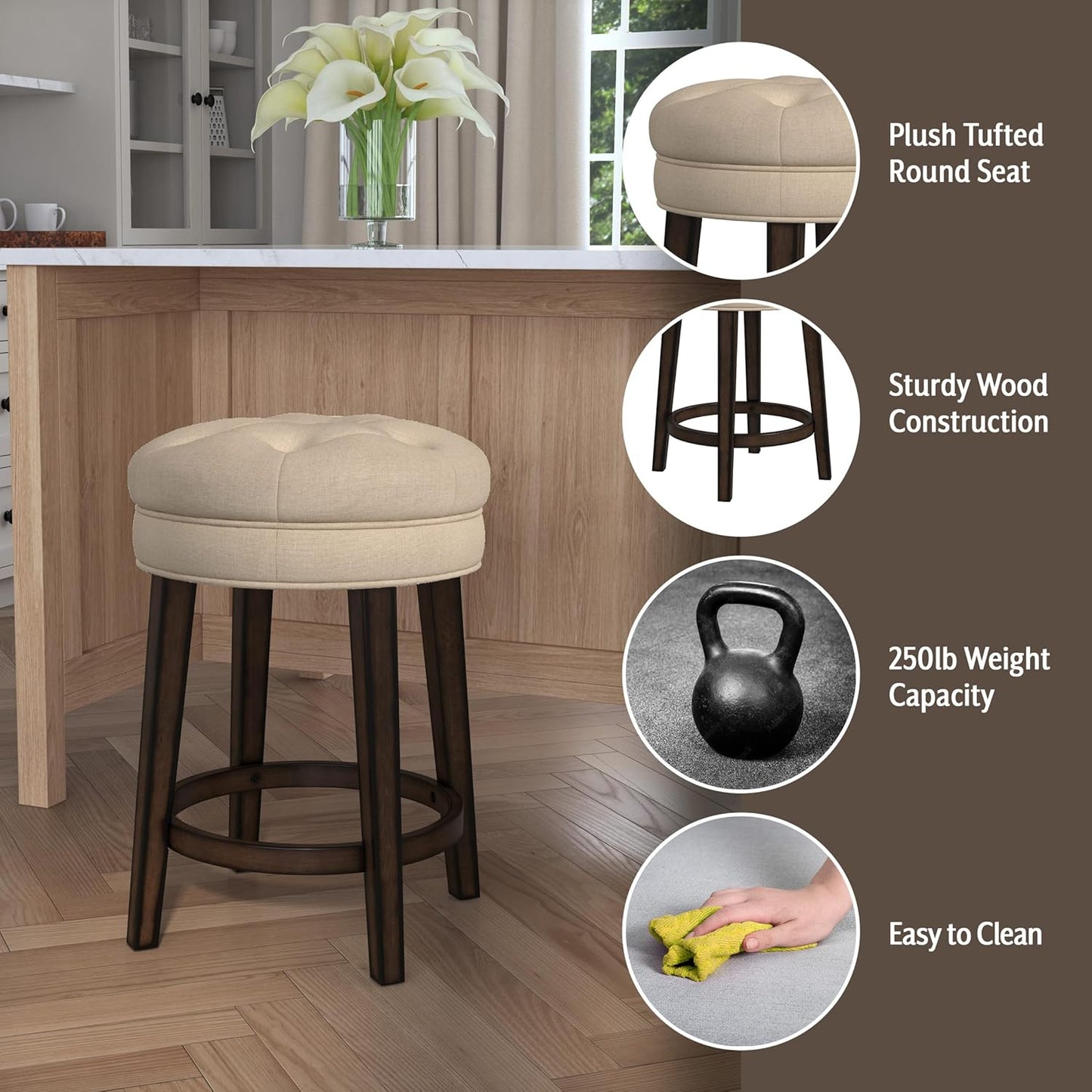 Hillsdale Krauss Backless Swivel Counter Stool, Charcoal Gray Finish with Linen Stone Fabric