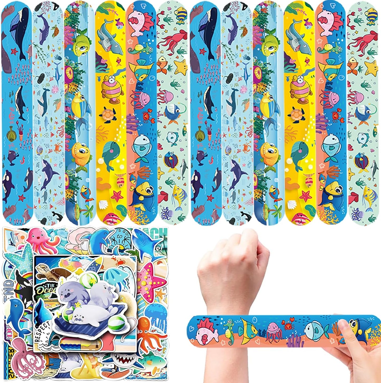74PCS Ocean Sea Animals Party Favor 50PCS Snap Party Stickers&24PCS Slap Bracelets Under the Sea Animals Birthday Supplies Team Gift Fillers School Rewards Supplies