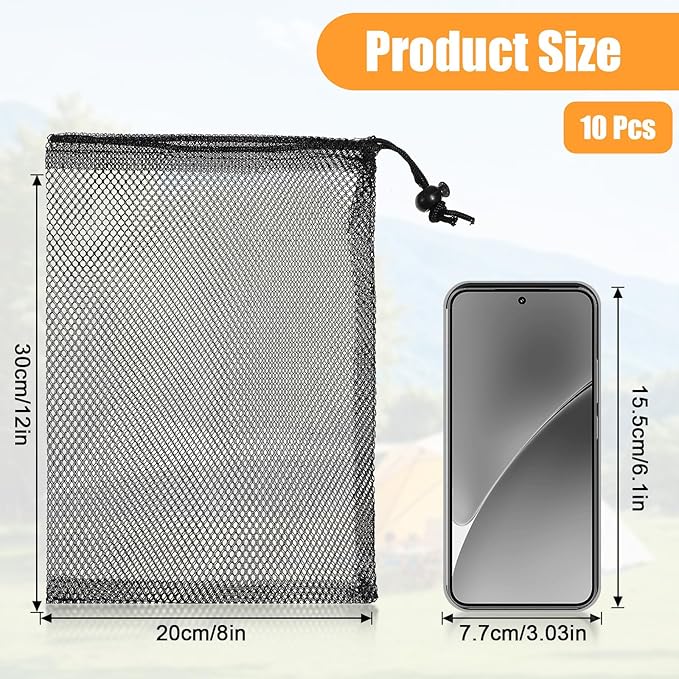 10PCS 8X12inch Mesh Drawstring Bag with Cord Lock Closure, Nylon Mesh Laundry Bags for Storage Travel Sports Ball