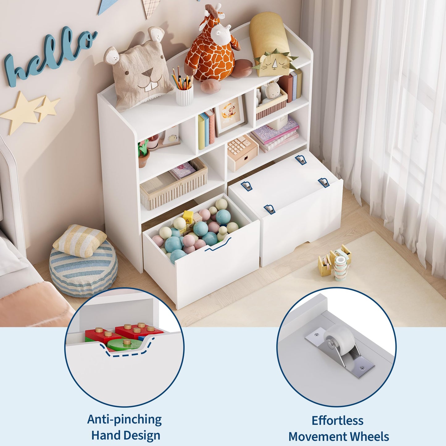 Garvee Toy Storage Organizer with Movable Drawers, Kids Bookshelf with Hidden Wheels & Open Cubbies, Multifunctional Floor Storage Chest for Playroom, White