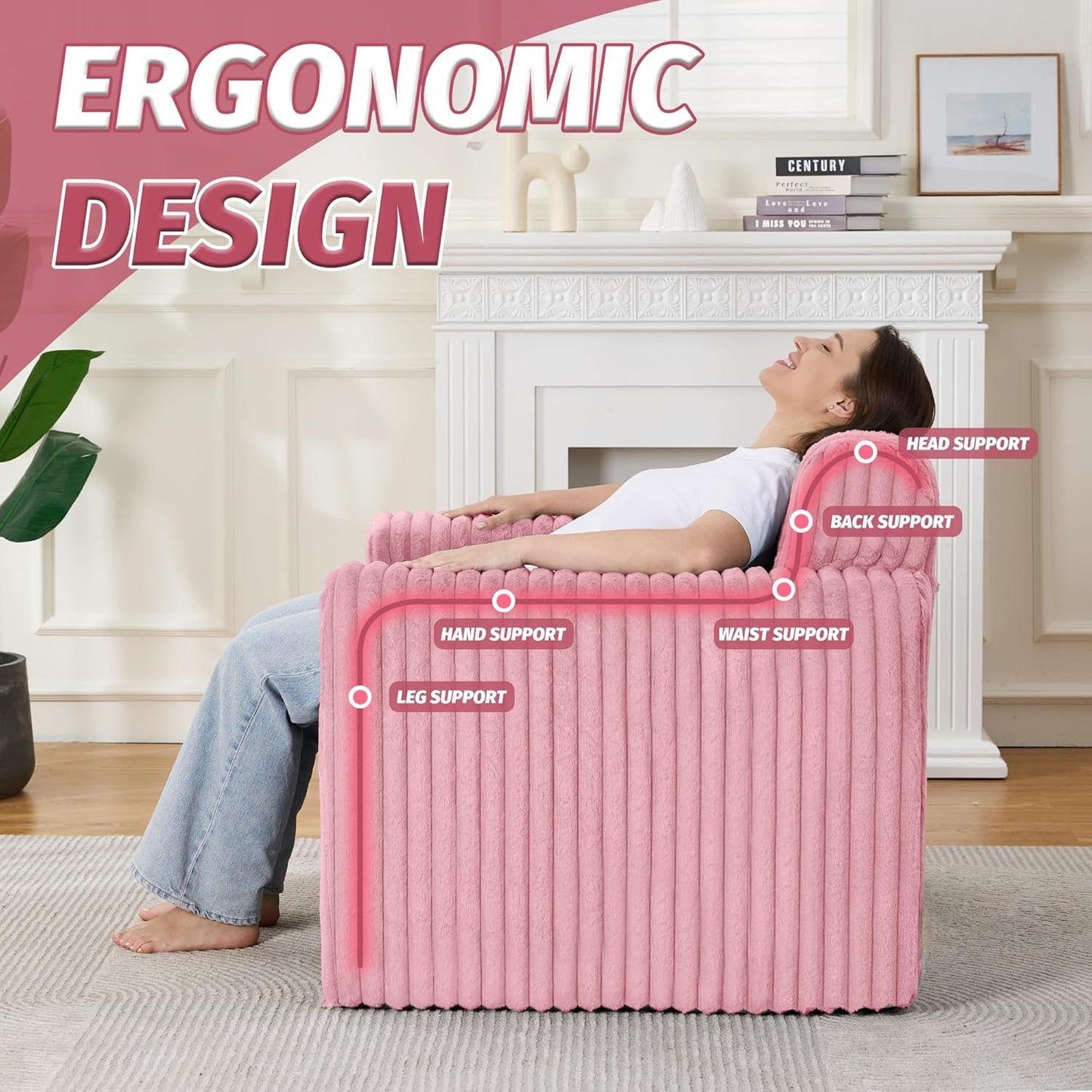 HABUTWAY Giant Bean Bag Chairs for Adults with Armrests, High Backrest Bean Bag Lounge Lazy Sofa with Durable Elastic Foam Filling & Comfy Fabric, Single Couch for Bedroom/Dorm/Living Room(Pink)