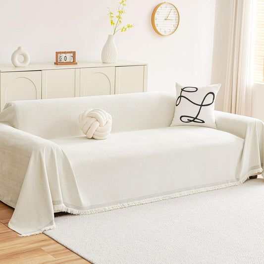 hyha Couch Cover for Dogs, Boho Sofa Covers for 3 Cushion Couch Washable, Chenille Sofa Slipcover for Pets, Soft Loveseat Sectional Couch Throw Blankets with Tassels (Beige, 71x118 Inch)