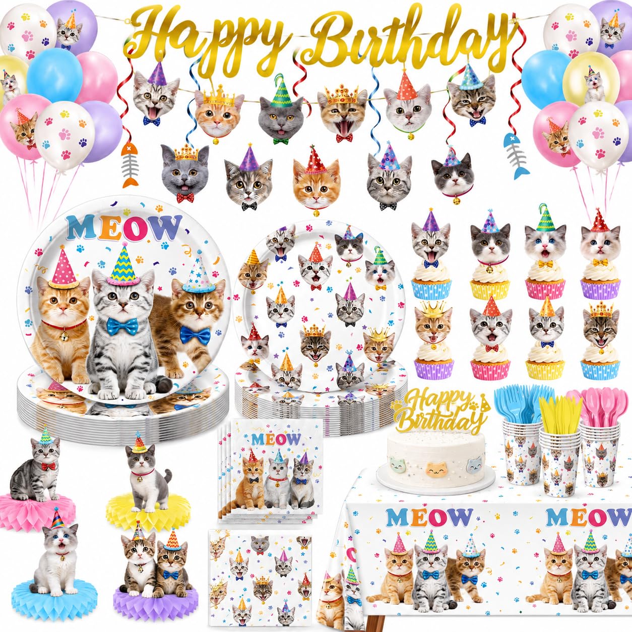 Cat Birthday Decorations Party Supplies Kit, Plates, Napkins, Cups, Cutlery, Banner, Hanging Swirls, Honeycomb Centerpieces, Balloons, Tablecloths for Cat Themed Birthday Party Decorations, Serves 20