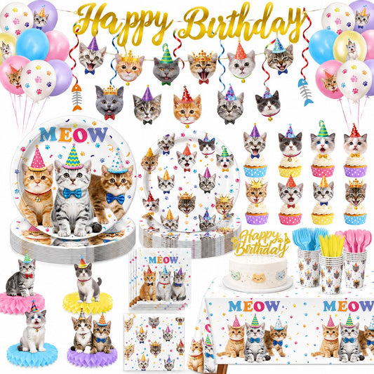 Cat Birthday Decorations Party Supplies Kit, Plates, Napkins, Cups, Cutlery, Banner, Hanging Swirls, Honeycomb Centerpieces, Balloons, Tablecloths for Cat Themed Birthday Party Decorations, Serves 20
