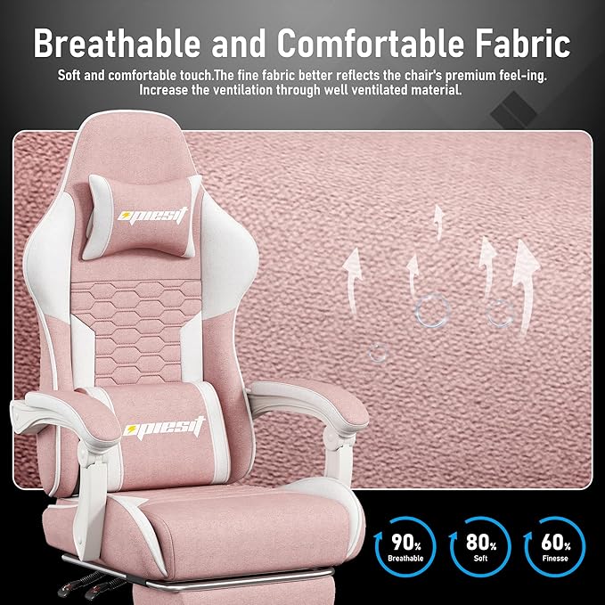 Gaming Chair, Fabric Computer Chairs with Lumbar Support and Massager, Ergonomic Office Chair with Footrest & Pocket Spring Cushion, Bearing 400 LBS（Pink）
