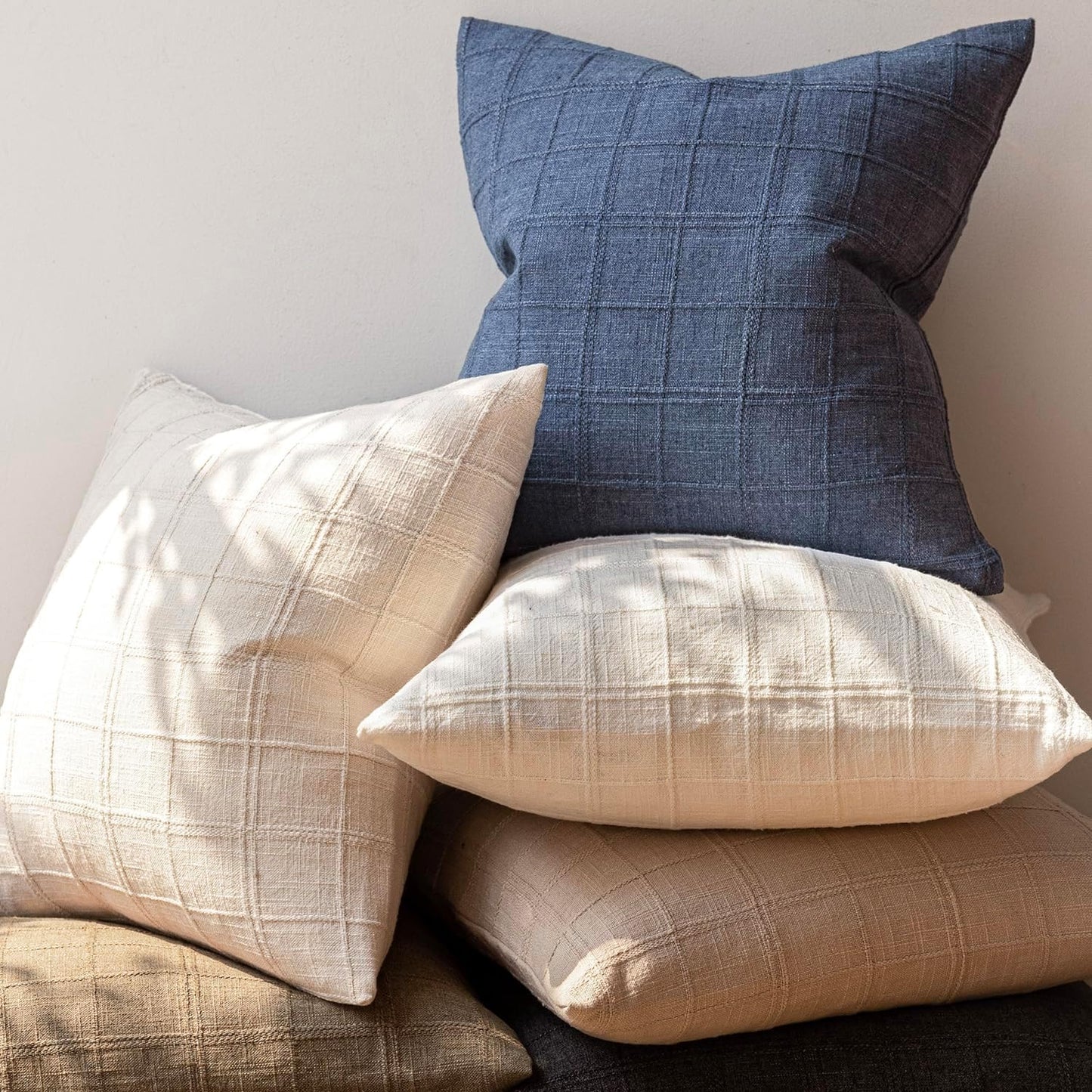 Foindtower Set of 2 Decorative Linen Check Throw Pillow Covers Neutral Farmhouse Vintage Cushion Covers Modern Coastal Boho Home Decor for Sofa Chair Couch Bedroom Living Room Outdoor,20×20 Inch,Blue