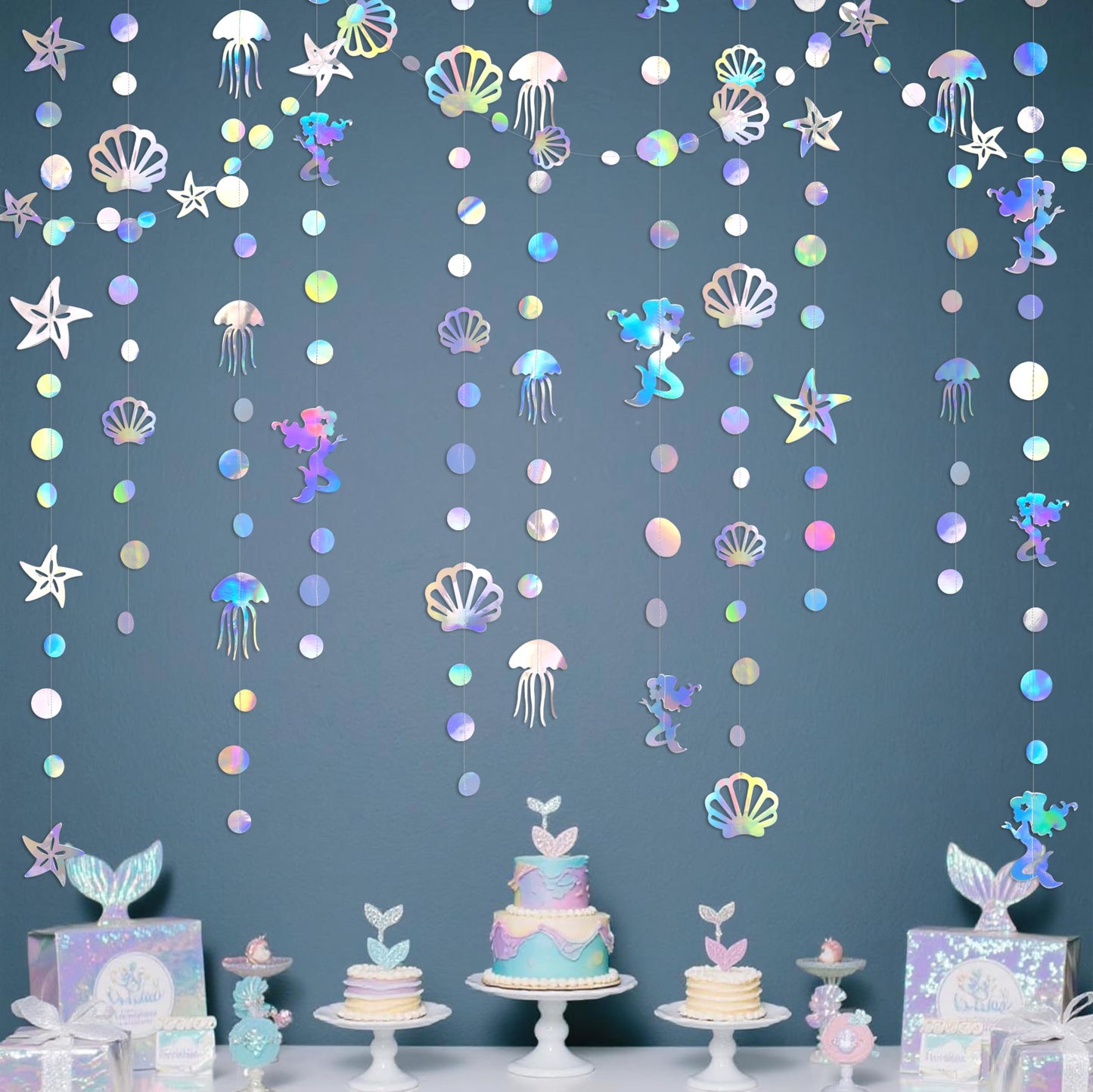 40 Ft Iridescent Mermaid Garland with Jellyfish Seashell Starfish Pearl Holographic Paper Streamer for Little Mermaid Rainbow Theme Birthday Bachelorette Baby Shower Under the Sea Party Decorations