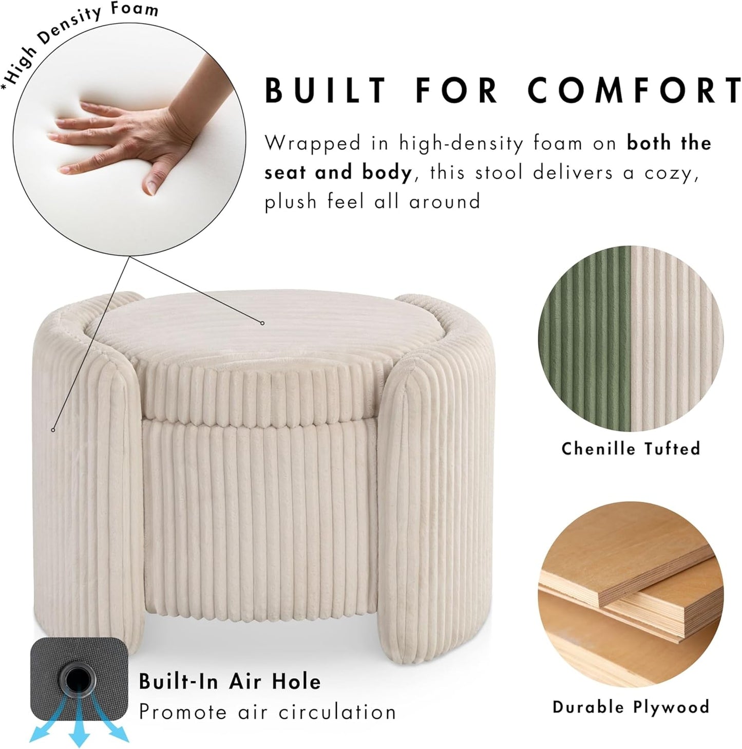 Furniture of America Lennox Modern Chenille 25-inch Round Storage Ottoman with Reversible Flip Top, Upholstered Footstool for Living Room, Bedroom, Entryway, Beige Pink