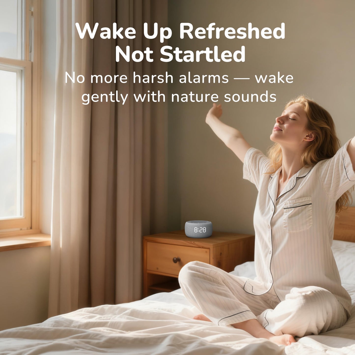 Buffbee Alarm Clock with Sound Machine for Bedrooms – 2-in-1 White Noise Machine for Sleep, Gentle Wake-Up with Soft Alarm Sounds, Ambient Night Light, Plug-in, Sleep Better, Wake Gently