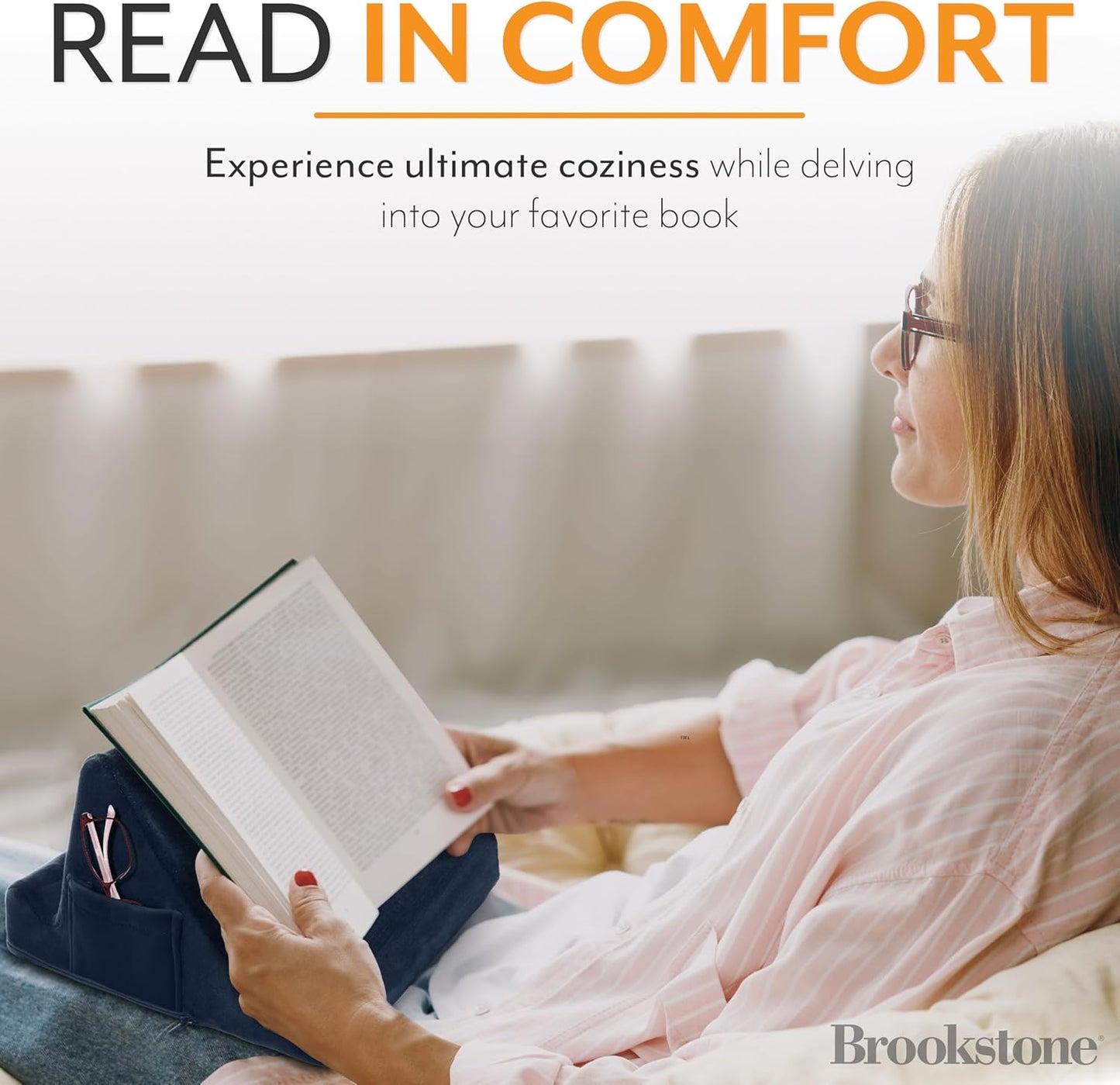 Brookstone, Memory Foam Lap Desk Tablet Holder, Holds Phones, iPads, E-Book Readers, 2 Viewing Angles, 2 Side Pockets for Accessories, Book Holder Cushion, Perfect Home, Car Travel, Flights, Blue