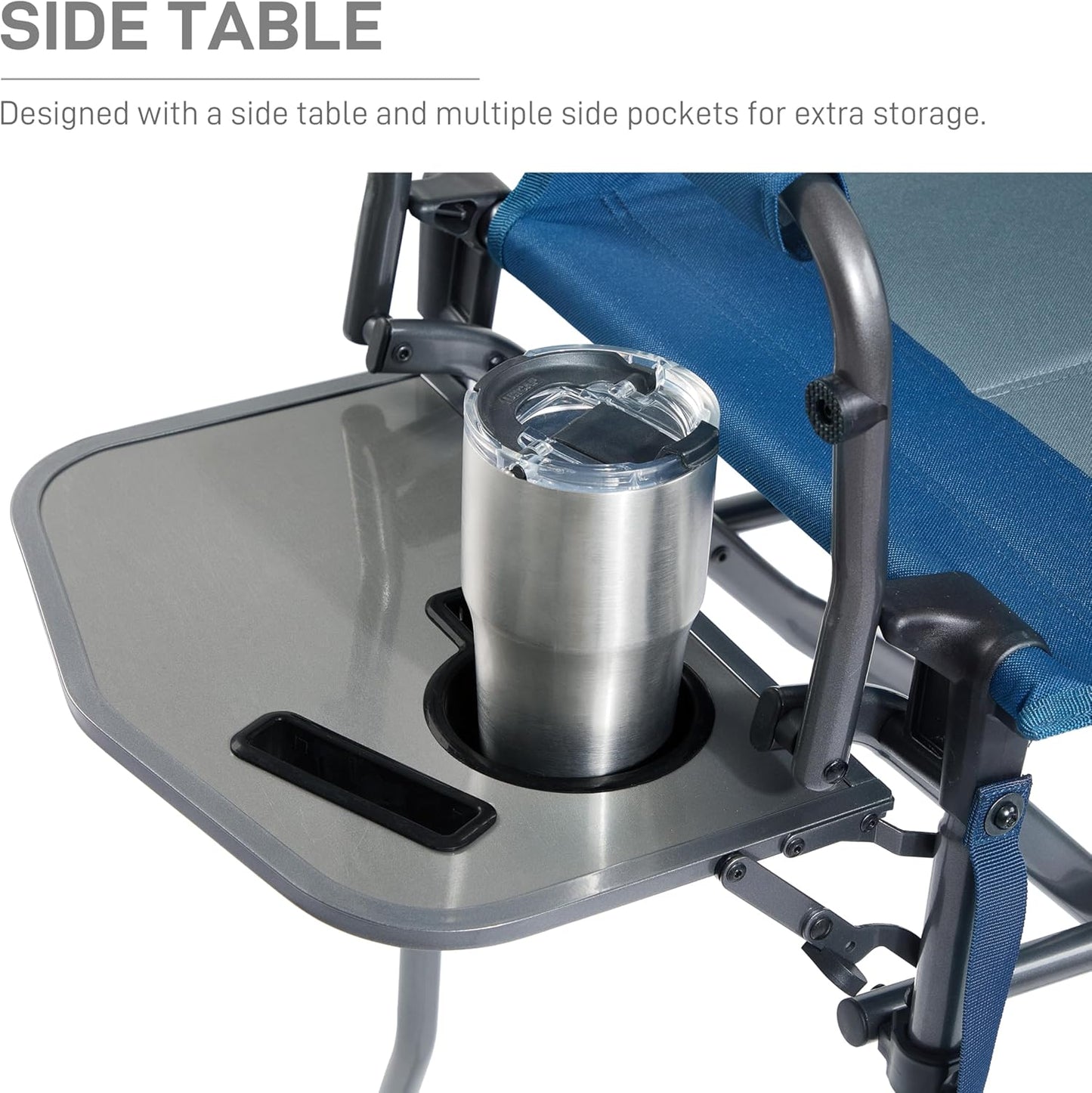 EVER ADVANCED Portable 30.7" Seat Height Tall Folding Chair Directors Chair High Foldable Bar Stool with Side Table for Makeup Artist, Camping, Sports Event, Craft Show, Supports 350LBS Blue Grey